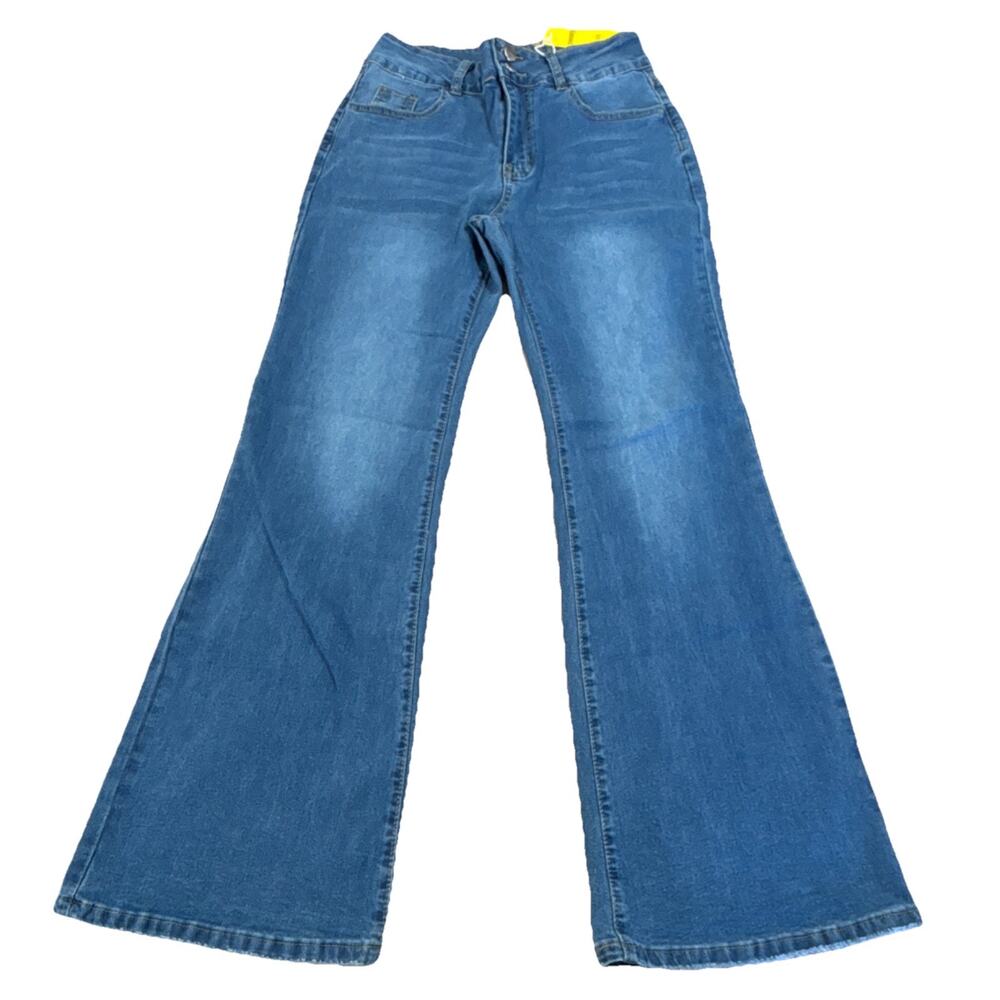 yoeasy Flared Blue Denim Jeans Women Button Zip 5-Pocket Design